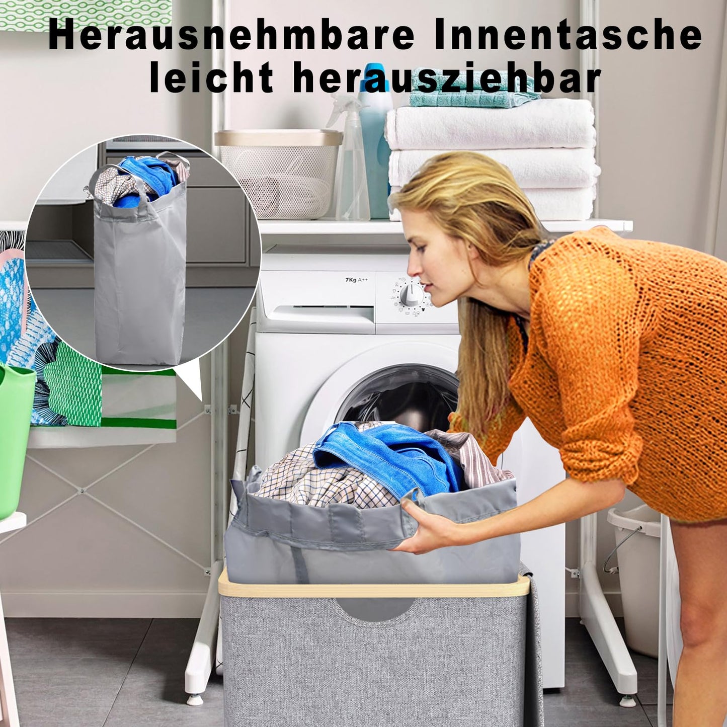 Laundry basket with lid 100L, large slim laundry collector with removable laundry bag Laundry baskets laundry cabinet laundry chest laundry bin for dirty laundry Gray
