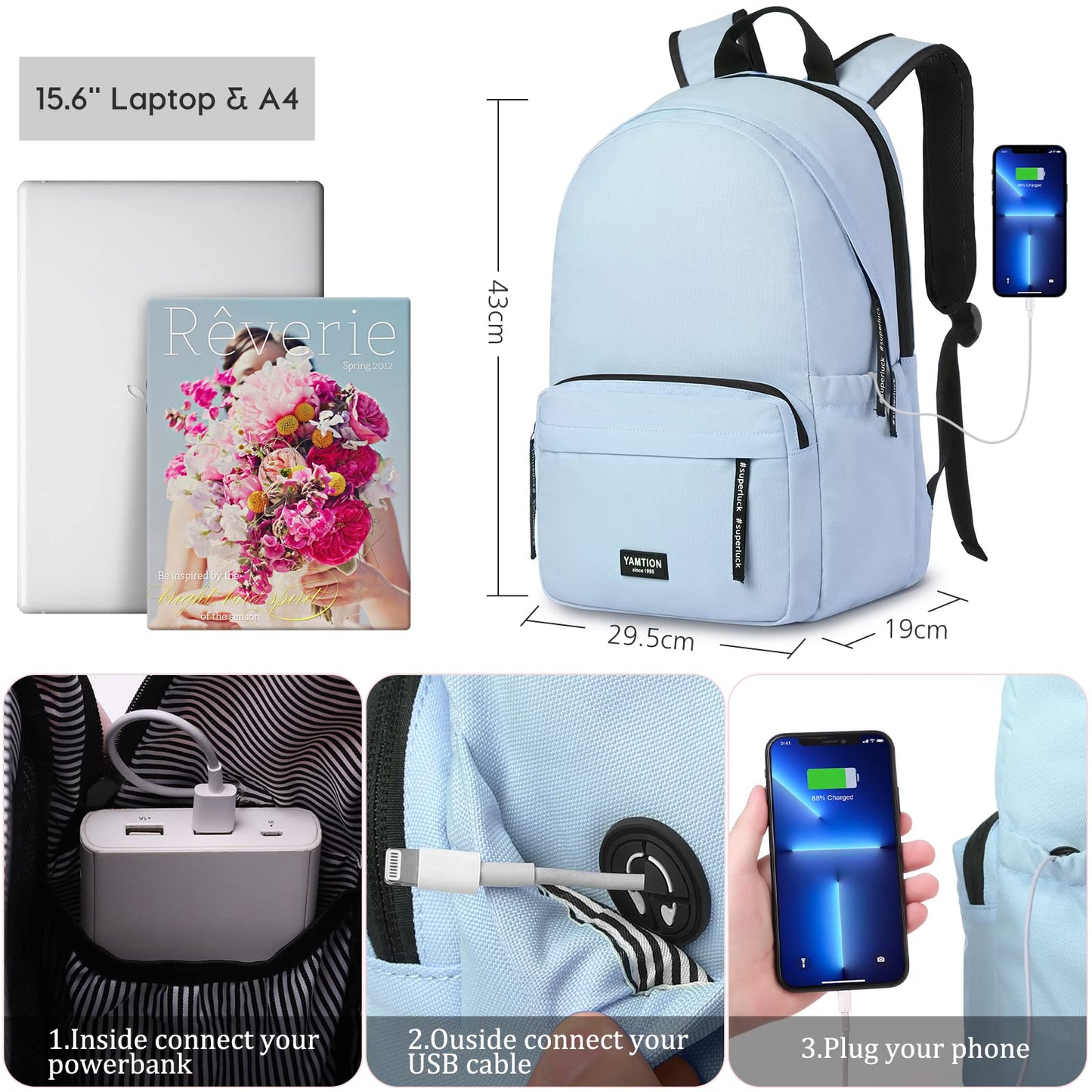 YAMTION School Backpack for Girls Boys Teenagers, Backpack Women Daypack Men with 15.6 Inch Laptop Compartment, Backpack College Backpack School Backpack University for Students