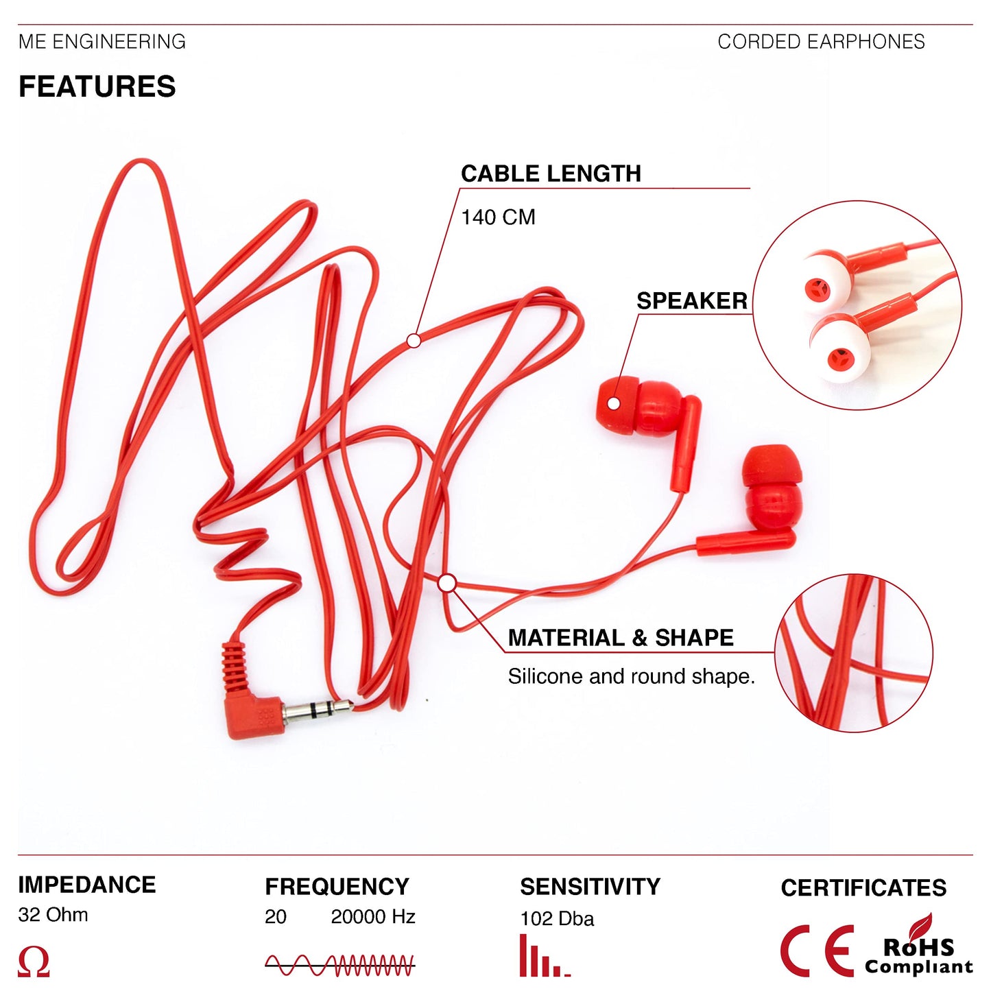 M&E - Pack of 100 disposable headphones with 3.5mm jack, individually packaged for maximum hygiene, color red.