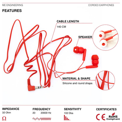 M&E - Pack of 100 disposable headphones with 3.5mm jack, individually packaged for maximum hygiene, color red.
