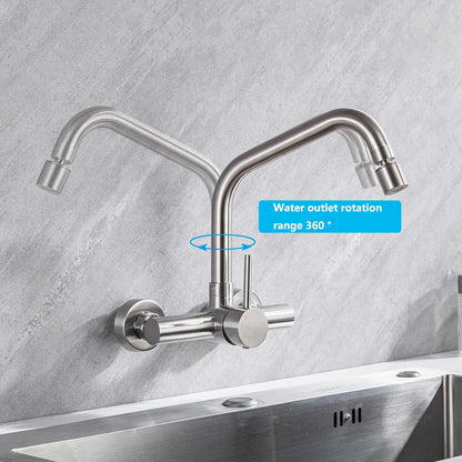 ONCE wall-mounted kitchen faucet with 2 spray settings, kitchen faucet wall mixer with 360° swivel, wall-mounted kitchen sink faucet in brushed stainless steel, matte.