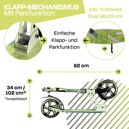 Six Degrees aluminum scooter with folding mechanism and stand, 205 mm, height adjustable, GS tested Lime Dream, TEST WINNER