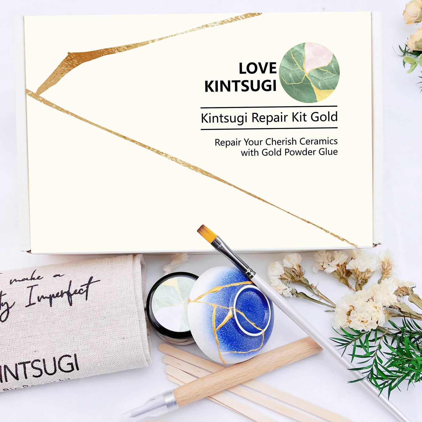 LAMXIN Bio Kintsugi Set - The repaired dishes are dishwasher safe, made with organic materials. Repair ceramics, vases with gold adhesive. Japanese repair art craftsmanship.