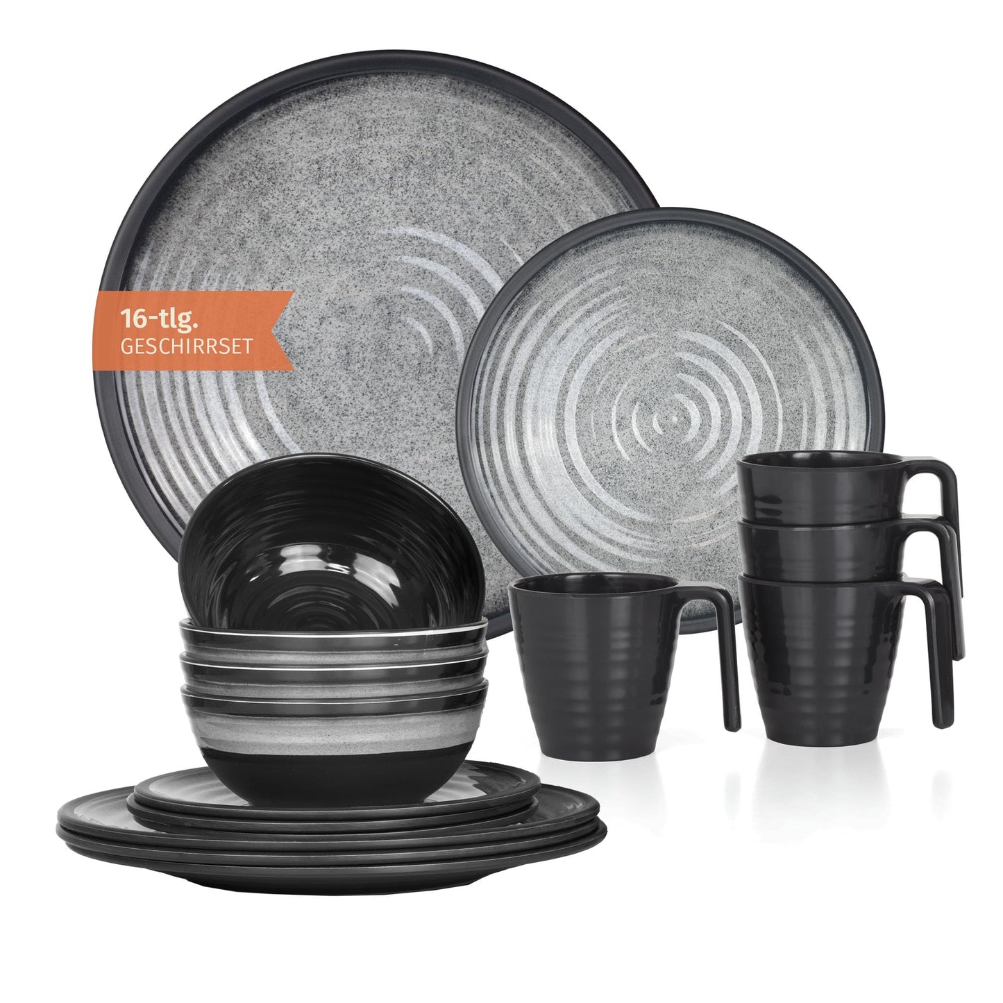 Melamine Camping Tableware Set for 4 Persons in Stone Grey Color, including 4 Stone Coffee Cups. Ideal for picnics, BBQs, and outdoor cooking.