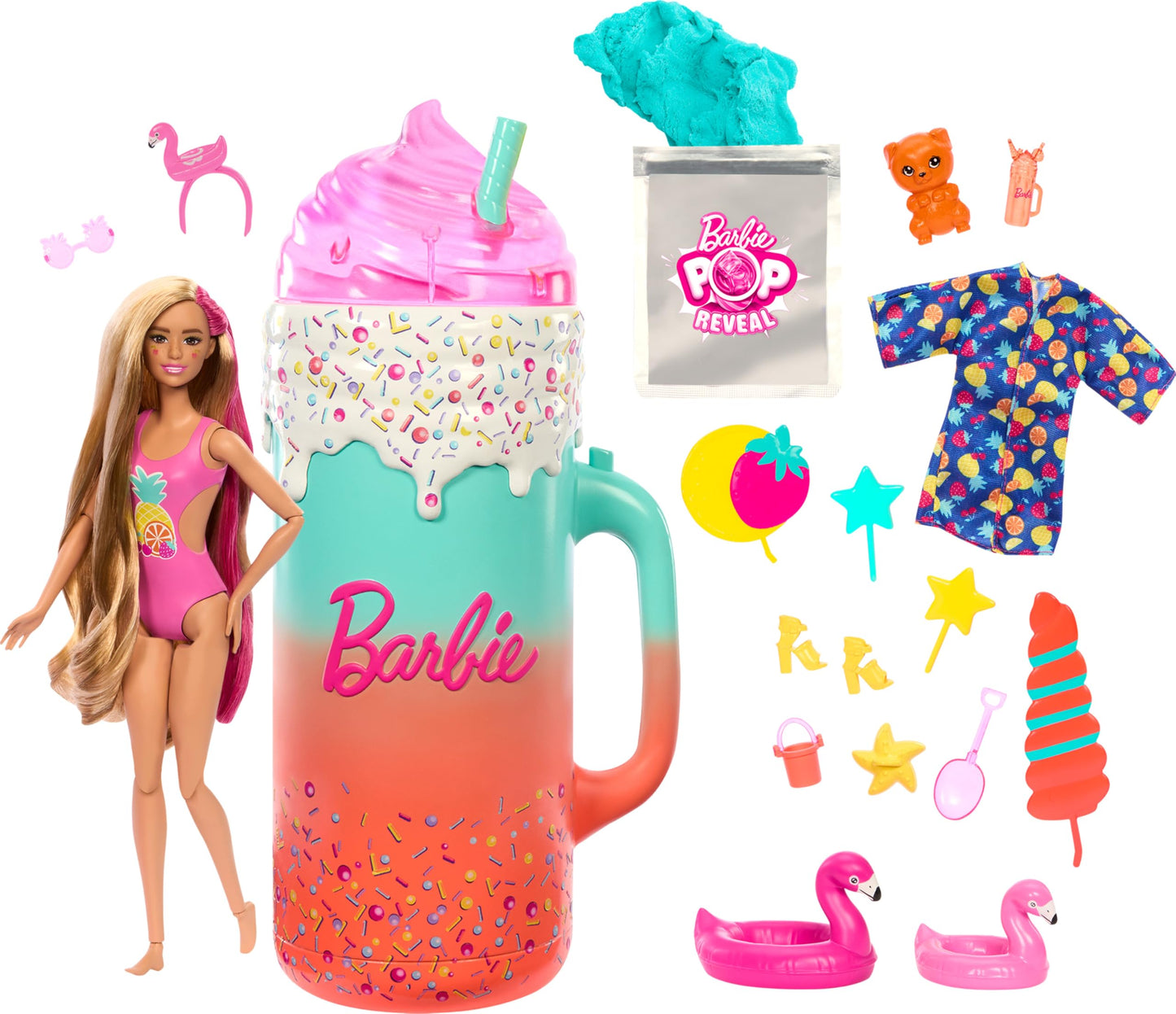 BARBIE Pop Reveal Rise & Surprise Gift Set - includes over 15 surprises, 1 Barbie doll, beach accessories, for fruity-fun playtime, for kids ages 3+, HRK57