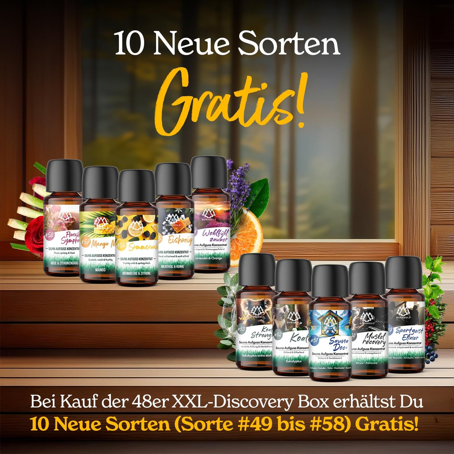 NORDHOLZ® Sauna infusion discovery box 24x15ml [#1-#48 PURE ESSENTIAL OILS] Sauna infusion - sauna infusion from Franconia - sauna accessories
