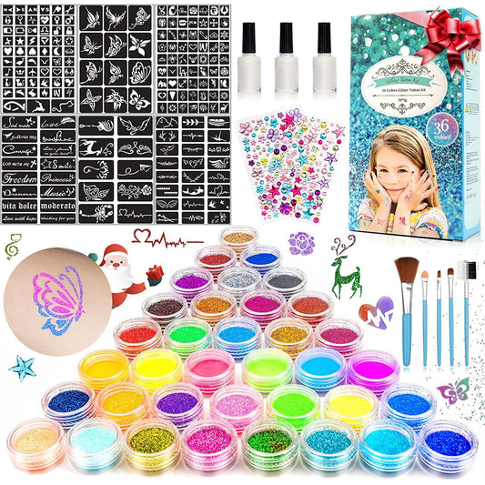 Glitter Tattoo Set for Kids, Glitter Craft Kit for Girls 4 6 8 10 12 Years - Temporary Glitter Tattoos with 36 colors, 182 stencils, 215 rhinestones, Crafting Gifts for Birthday, Christmas, Parties.