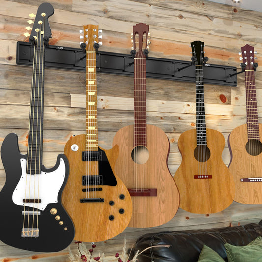 LEKATO Wall Mount Guitar Hanger Bass Holder E-Guitar Stand for Holding 5 Gutiars & Bass Aluminum Lamella Wall Rail System Metal Guitar Rack Sewing Design