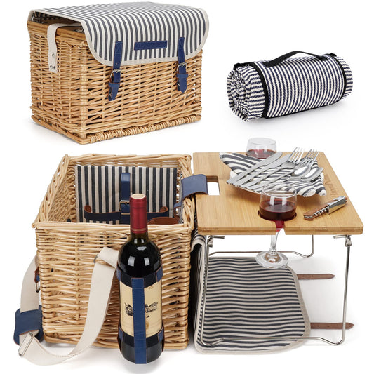 Picnic basket for 2, including a bamboo wine table with metal legs. Perfect for camping and outdoor parties.
