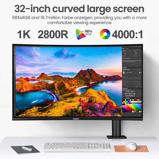 Gawfolk PC Monitor 32 inch 75Hz, PC Screen Curved Full HD 1080P, Frameless 2800R Computer Monitor with Eye Care Technology, HDMI VGA, supports VESA.