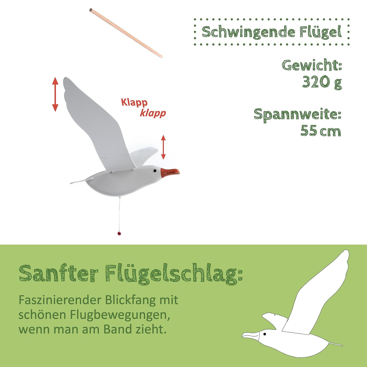 Helga Kreft 04021 Rocking bird "Arrow" made of beech wood, wingspan 55 cm, calming and decorative, Made in Germany.