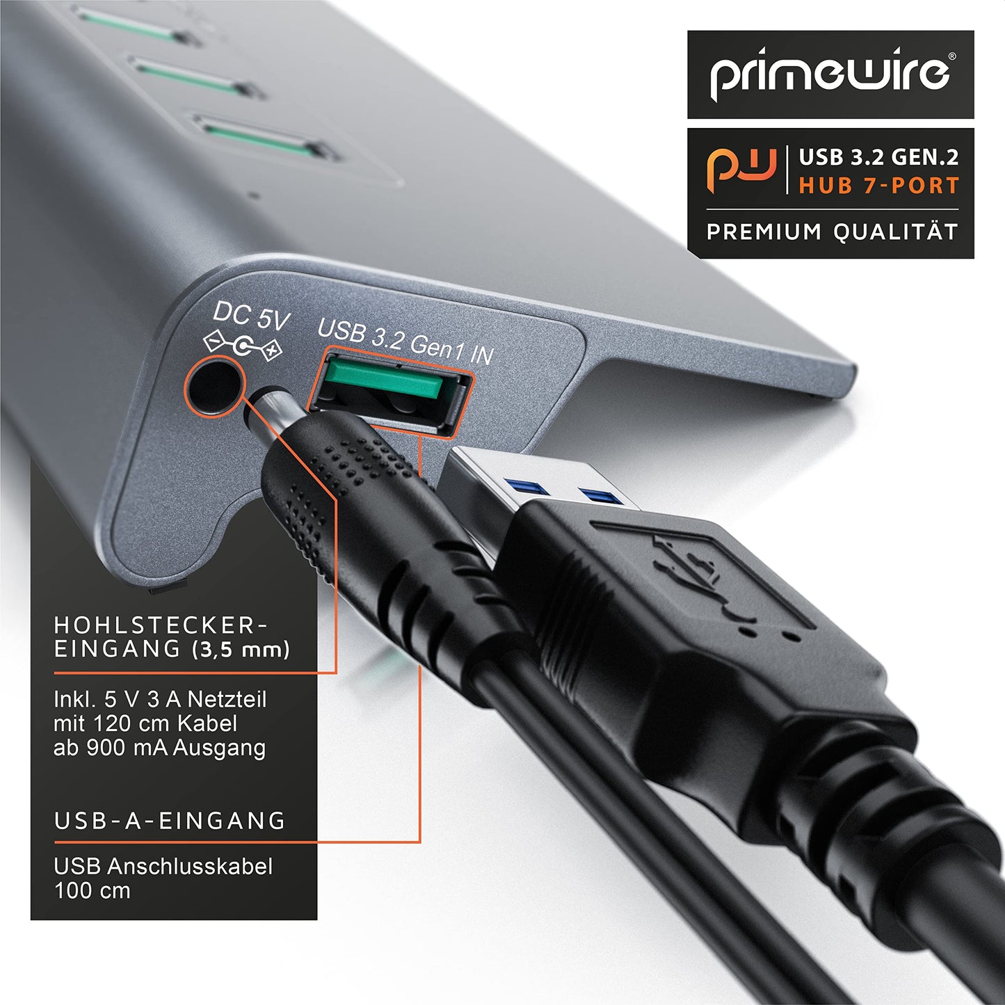 CSL - USB 3.2 Gen2 Hub - 7 Port Distributor active - 10 Gbit/s - Active operation - with power supply - Anthracite metal casing - for PC notebook laptop tablet - for Windows and MacOS