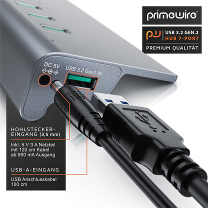CSL - USB 3.2 Gen2 Hub - 7 Port Distributor active - 10 Gbit/s - Active operation - with power supply - Anthracite metal casing - for PC notebook laptop tablet - for Windows and MacOS