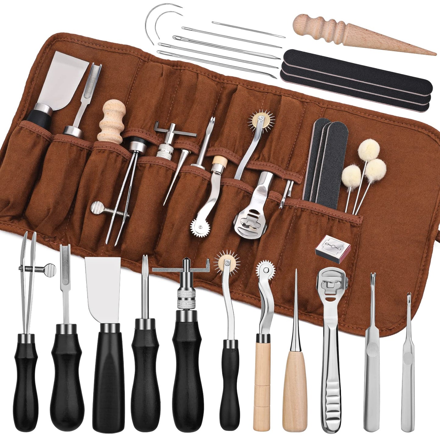 Leather craft tools, 37-piece leather sewing set, leather craft tool set for leatherworking with storage pouch for cutting, punching, sewing, carving