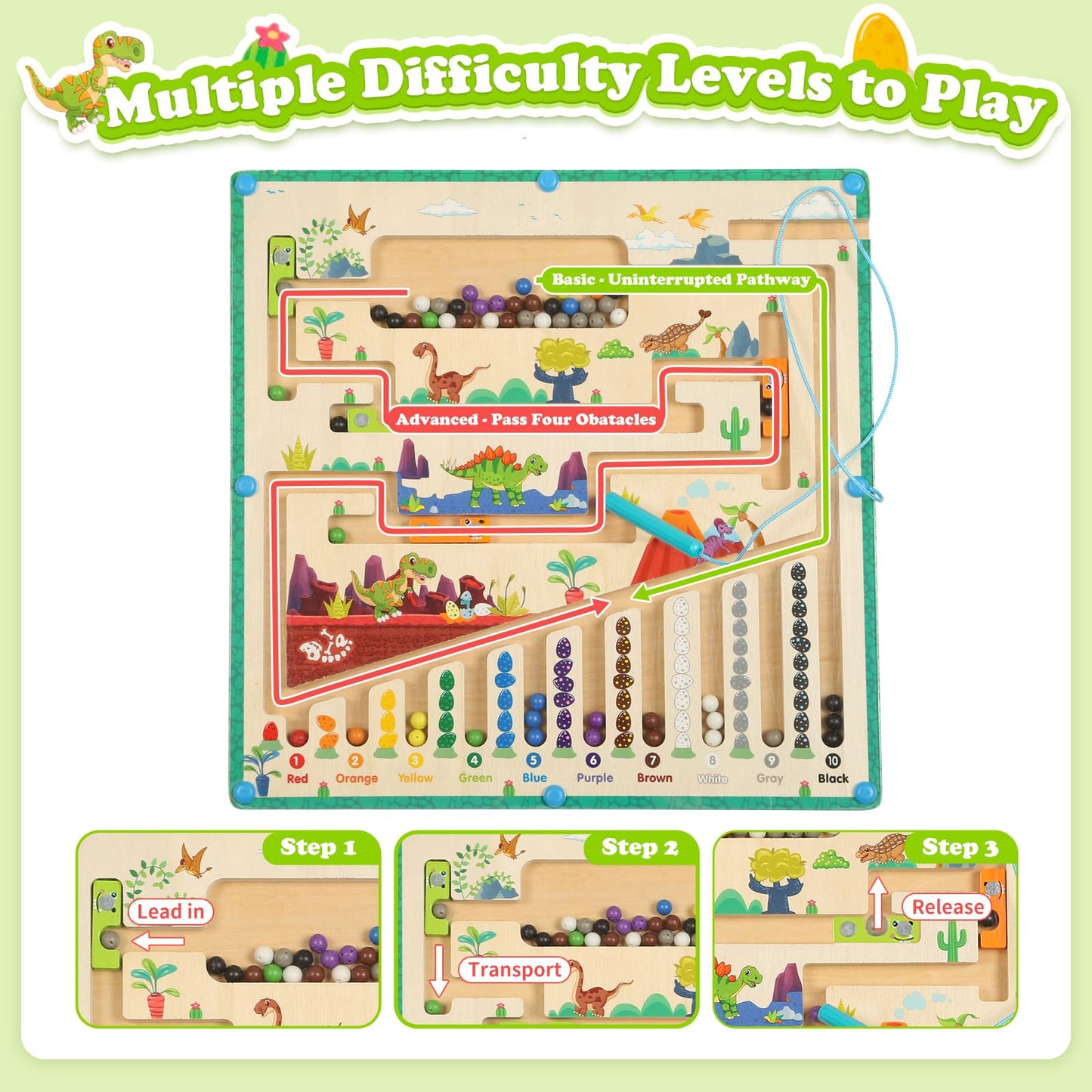 Smartwo Montessori toy Magnetic Labyrinth game for 3, 4, 5 year olds. Magnetic children's toy for 3 year old boys. Colors & numbers learning toy, wooden toy with dinosaur theme. Birthday gift.