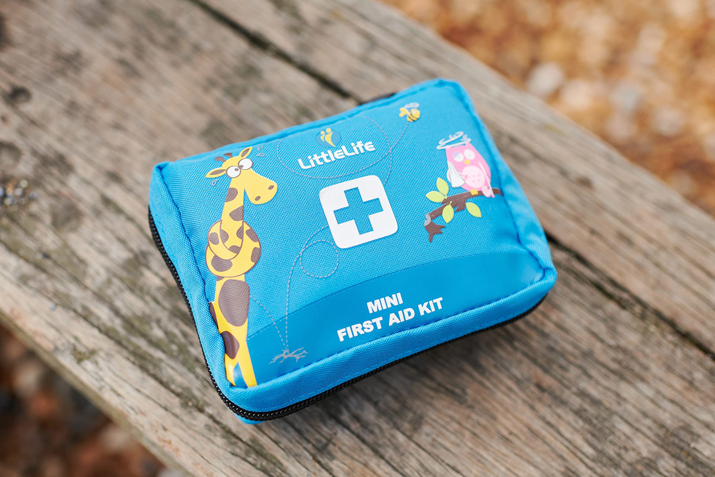 LittleLife Mini First Aid Kit with CE certified contents, perfect for treating common injuries at home and on family vacations.