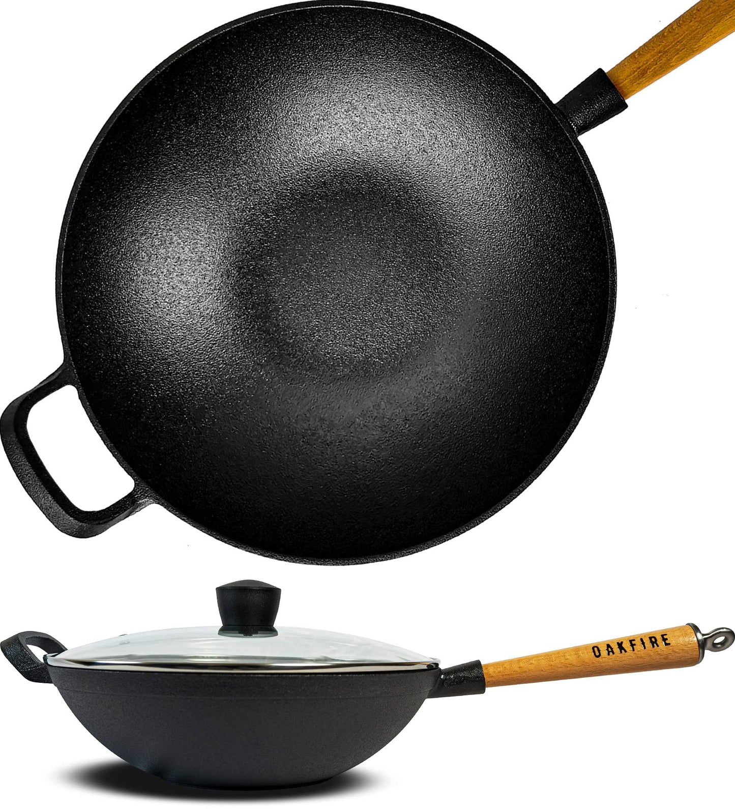 Oakfire cast iron wok pan 31cm with non-stick patina, lid & wooden handle - Large wok pan for induction - High-quality cast iron wok for induction cooker - The perfect wok for gas grill.