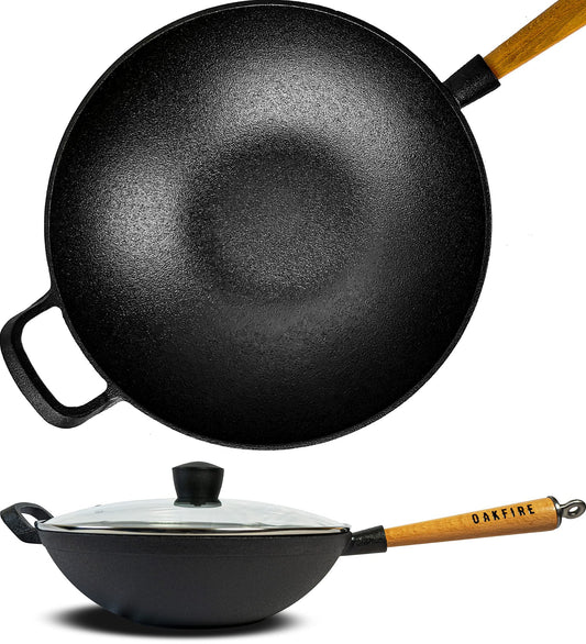 Oakfire cast iron wok pan 31cm with non-stick patina, lid & wooden handle - Large wok pan for induction - High-quality cast iron wok for induction cooker - The perfect wok for gas grill.