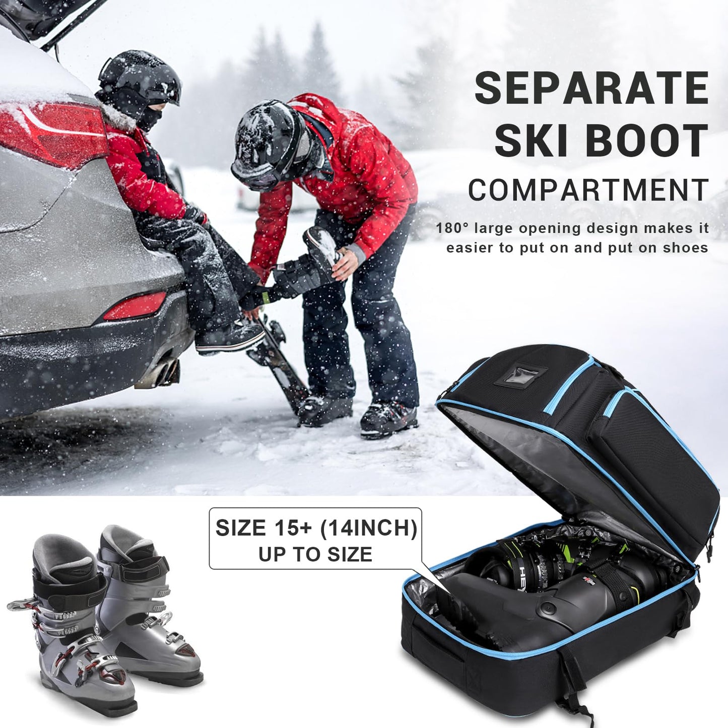 FIXITOK ski boot bag with helmet compartment and backpack straps, 60L ski backpack ski boot backpack with helmet pouch, ski bag siksack for ski boots, snowboard.