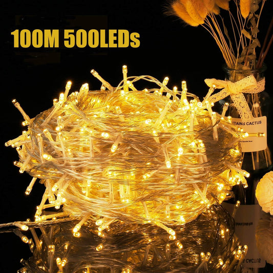 Avoalre 500 LED outdoor string lights 100M, IP44 waterproof warm white string lights, 8 modes with memory function outdoor Christmas lights for Christmas garden party birthday