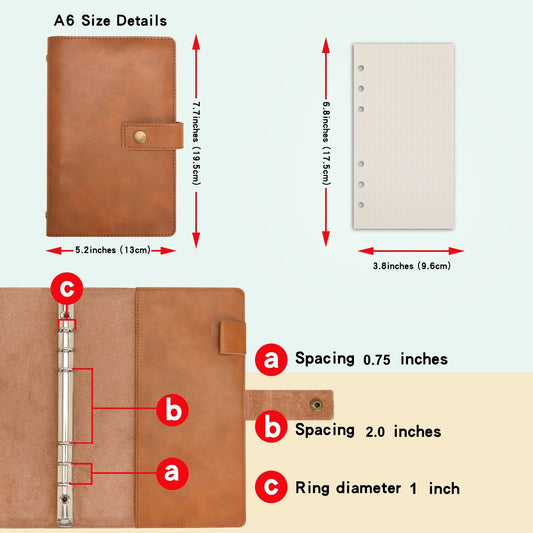 Wonderpool A6 Leather Notebook Refillable 6 Ring Diary Portfolio - Dotted Paper & Inner Pockets Organizer for Men and Women (Brown, A6)