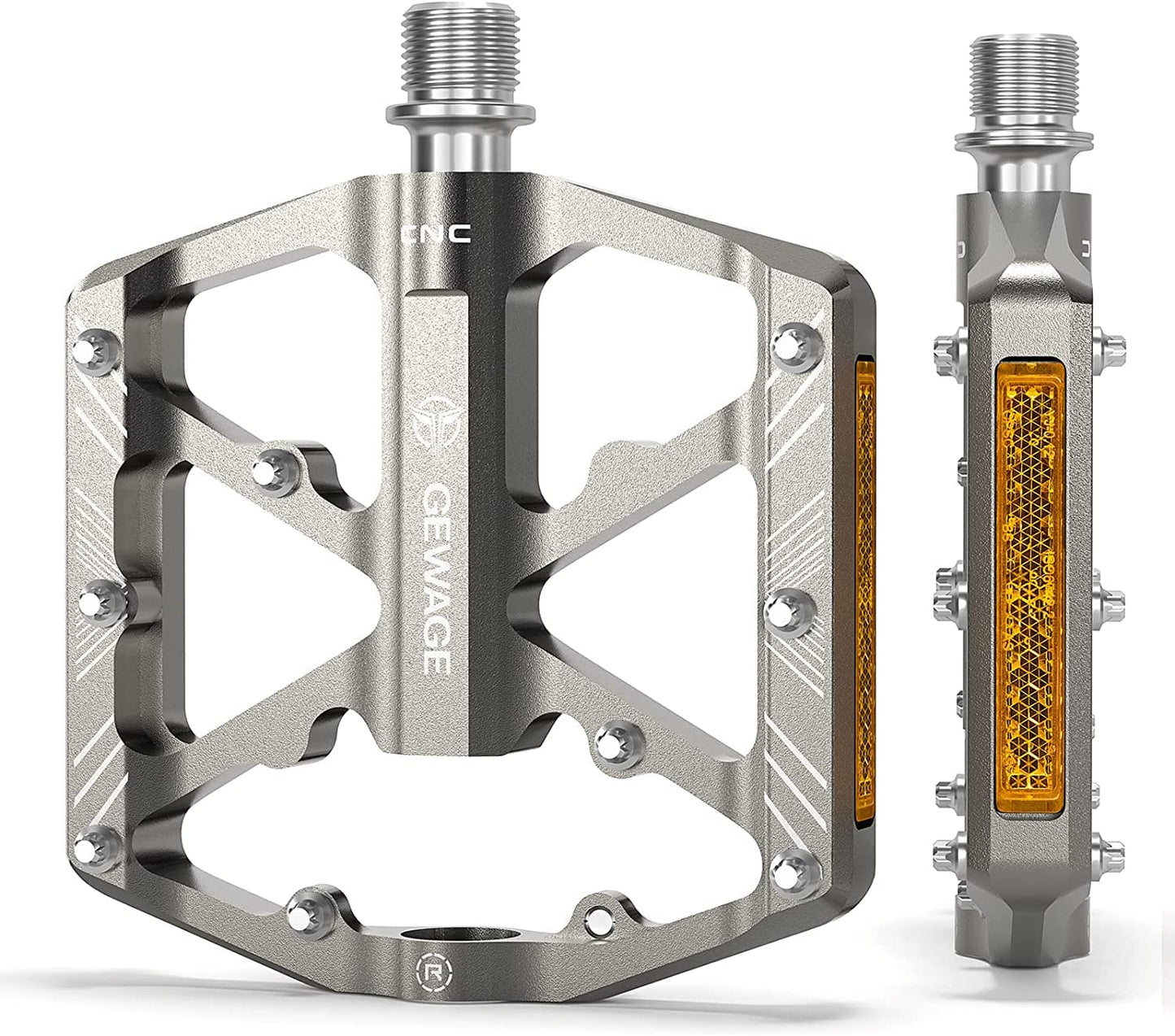 Dareway bike pedals with reflective stripes, 3 sealed bearings, non-slip CNC aluminum bike platform, 9/16 inch pedals for road bike, MTB, e-bike. (Silver)