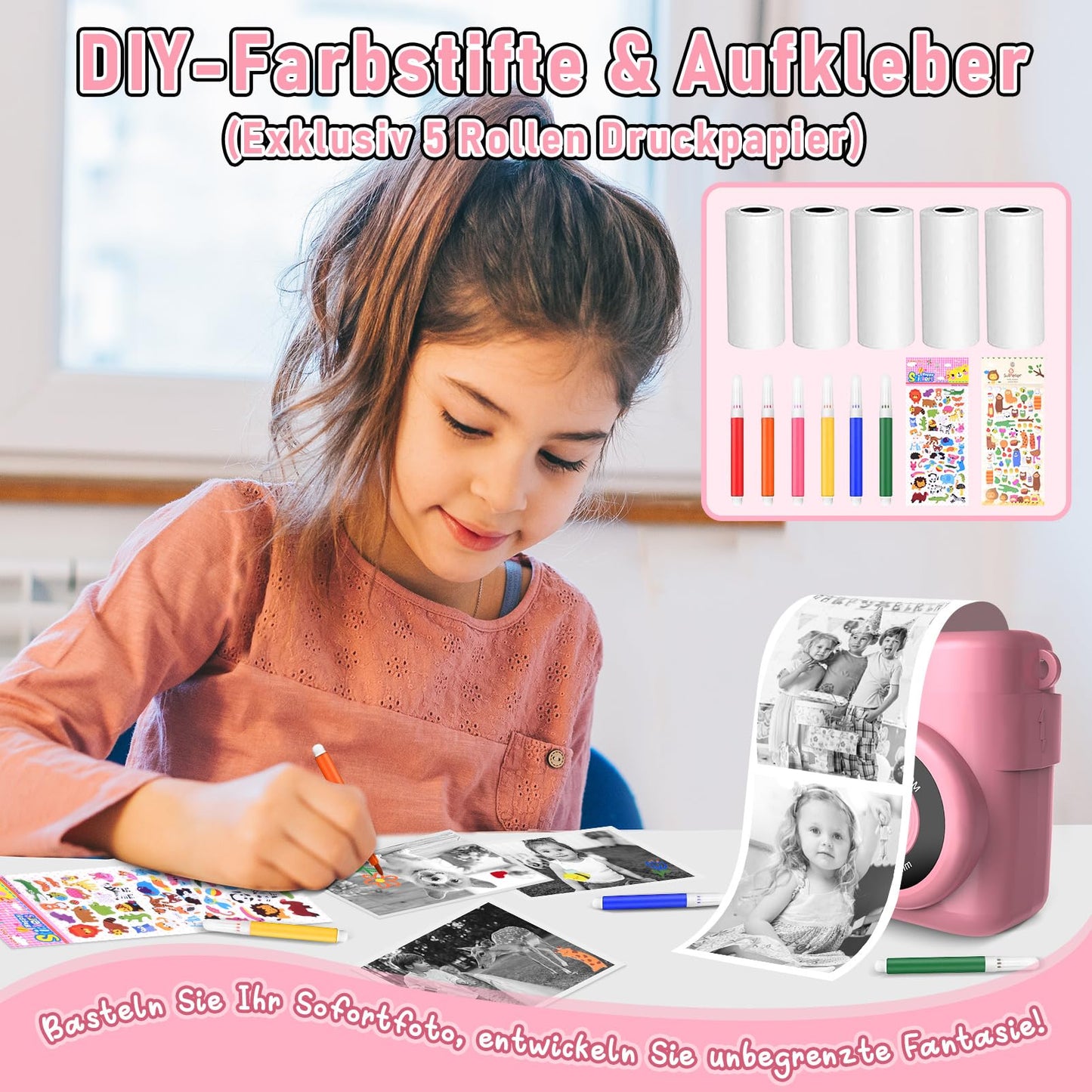 MILFECH Kids Camera Instant Camera, 1080P 2.4 Inch Screen Digital Camera for Kids with 5 rolls of printing paper, 32GB card, camera with 6 colored pens, 2 stickers. Perfect gift for kids (Pink)