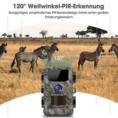 Nigecue 4K 40MP wildlife camera with motion sensor night vision, 32GB memory card, 0.2s trigger speed, IP66 waterproof 120° wide angle for wildlife monitoring.