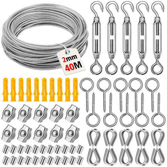 40m 2mm wire rope, CGBOOM 304 stainless steel wire rope tensioner, steel wire coated, with eyelets cable tensioning set, for climbing plants trellis, clothesline, curtain wire, lights, deck cable railing