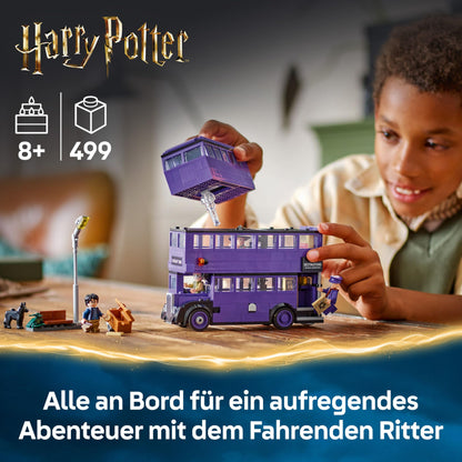 LEGO Harry Potter Knight Bus Adventure set includes 5 minifigures and accessories like wands. Perfect gift for kids 8+ years old.