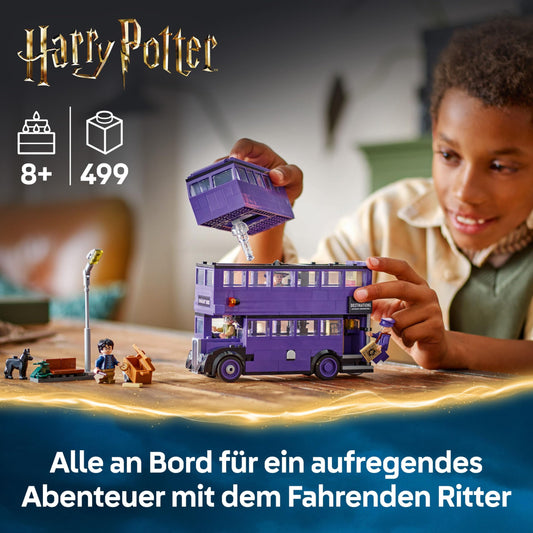 LEGO Harry Potter Knight Bus Adventure set includes 5 minifigures and accessories like wands. Perfect gift for kids 8+ years old.