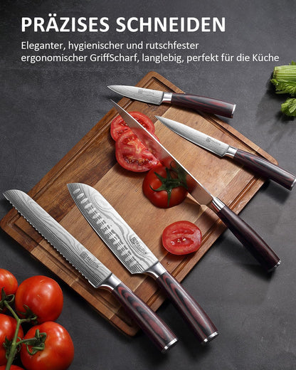 PAUDIN Kitchen Knife Set, 5-piece kitchen knife set made of high-quality carbon stainless steel, ultra-sharp knife set with chef's knife, cleaver, and utility knife.