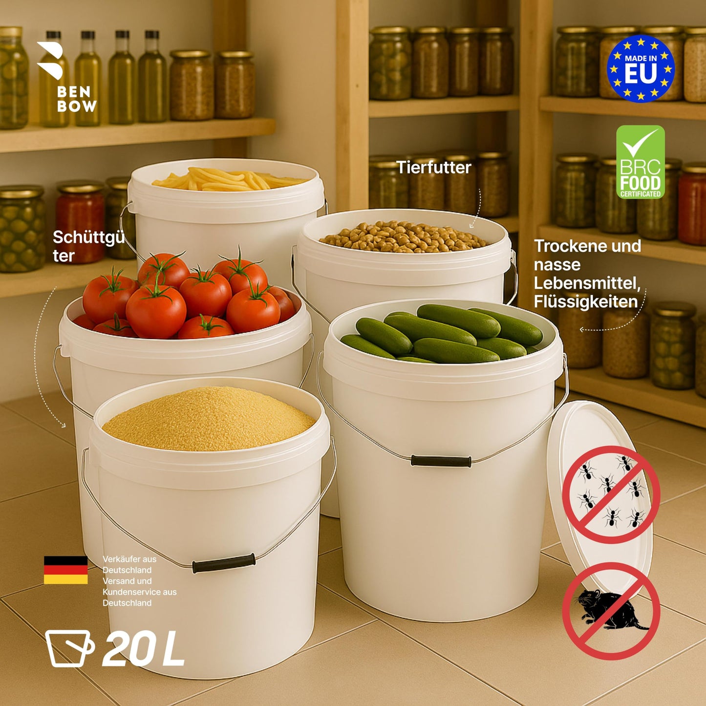 BenBow Bucket with Lid 20L White 5X 20 liters - food-safe, sturdy, airtight, leak-proof - plastic storage container with metal handle - empty