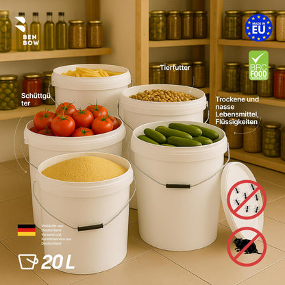 BenBow Bucket with Lid 20L White 5X 20 liters - food-safe, sturdy, airtight, leak-proof - plastic storage container with metal handle - empty