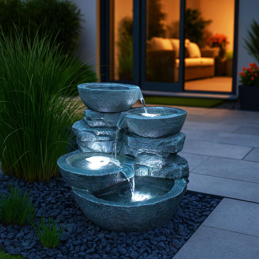Large indoor and outdoor fountain with LED lighting, perfect for garden, balcony, or interior decoration. Features a waterfall design in shades of grey and stone imitation.