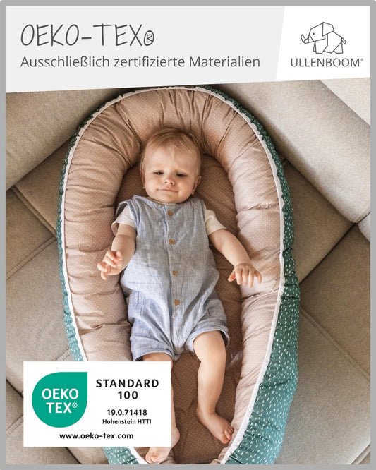 ULLENBOOM Baby nest - 100% OEKO-TEX materials & Made in EU, Blue Light blue - Baby nest for newborns made of cuddly cotton, Ideal as a travel bed & cuddle nest.