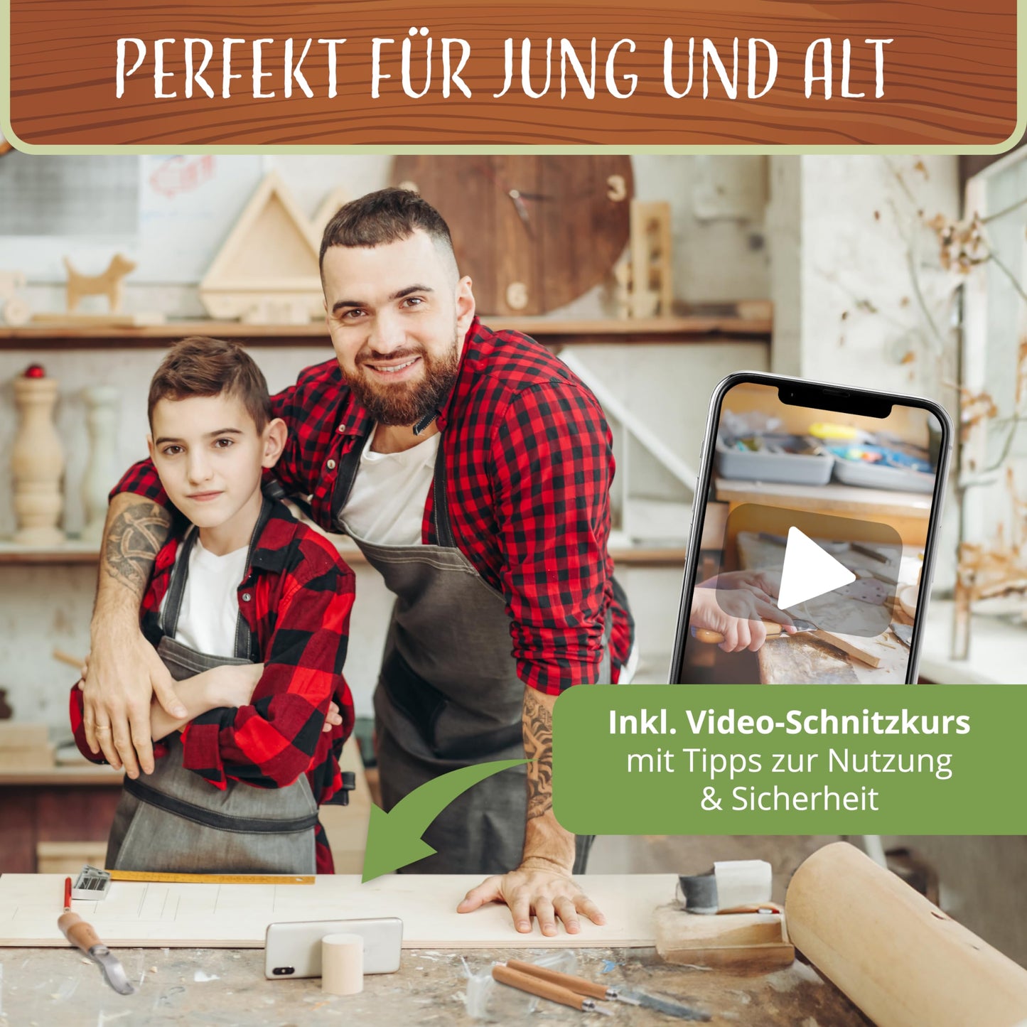 ALTERNATIVE - Wood Carving Tool - 18-piece Kids Carving Set - INCLUDING VIDEO COURSE - Wood Carving Tool Set with Gloves, Sanding Set & Storage Bag.