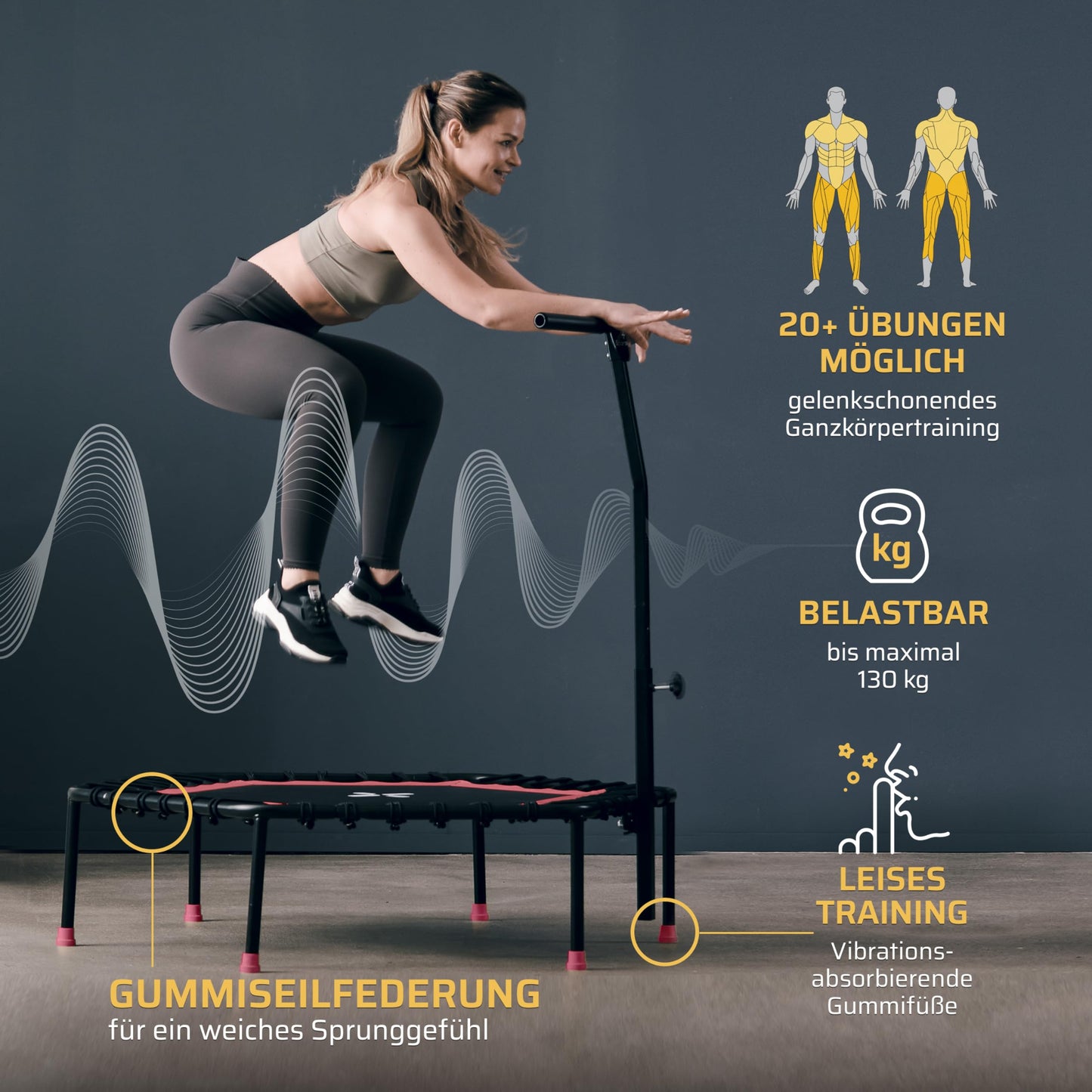 SportPlus Fitness Trampoline for home use, trampoline with adjustable handlebar, bungee suspension, workout & cardio training, premium quality Designed in Germany, 130kg capacity.