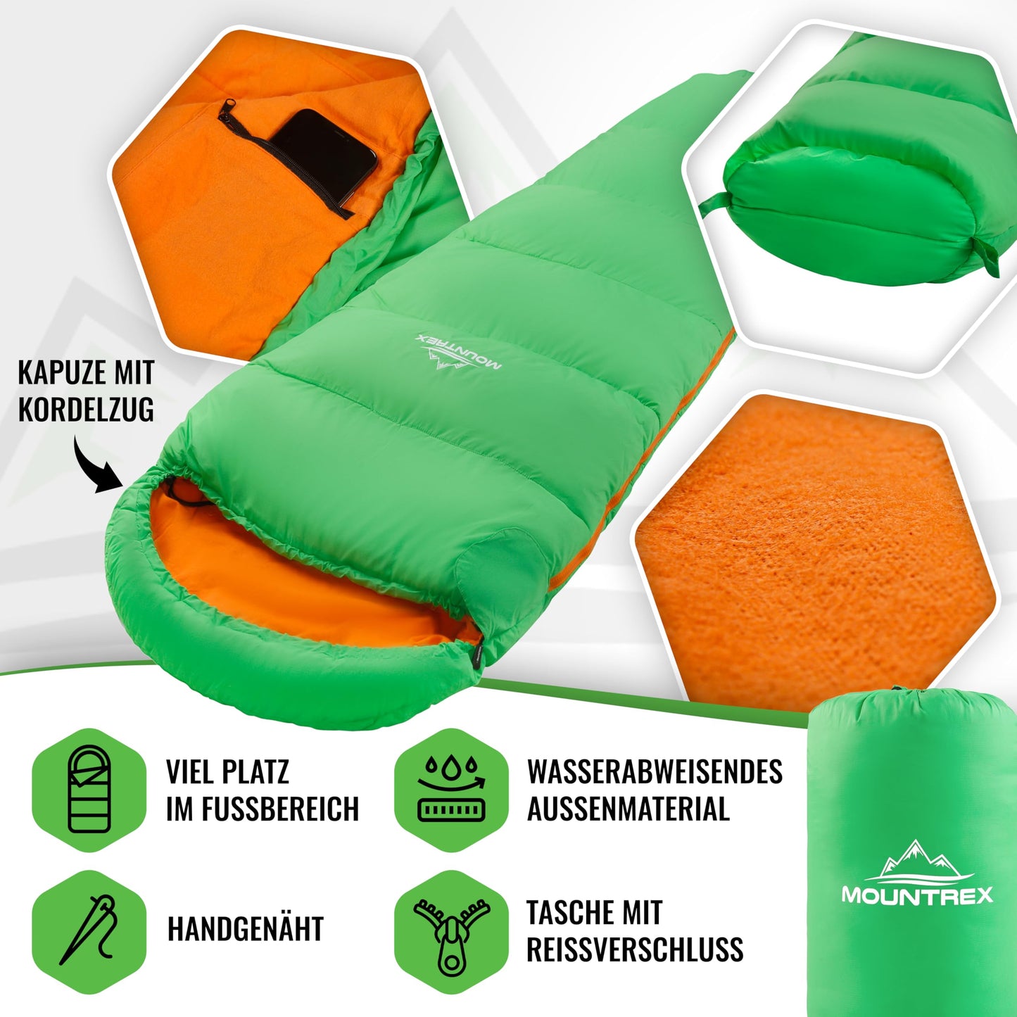 MOUNTREX Kids Sleeping Bag - Portable like a Backpack - Sleeping Bag for Children (175 x 70 x 45 cm) - Outdoor, Travel, Camping - Lightweight & Compact Mummy Sleeping Bag - 100% Cotton Interior.
