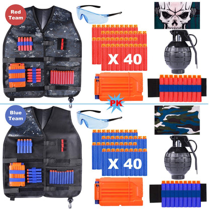 INNOCHEER Tactical Vest 2 Pack for Kids, Tactical Jacket Kit with 80 Darts, 2 Goggles, 2 Quick Reload Clips, 2 Masks, and 2 Wristbands.
