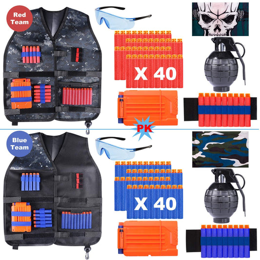 INNOCHEER Tactical Vest 2 Pack for Kids, Tactical Jacket Kit with 80 Darts, 2 Goggles, 2 Quick Reload Clips, 2 Masks, and 2 Wristbands.