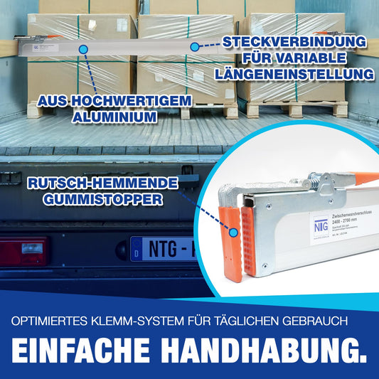 NTG aluminum partition closure | clamp board | for widths from 2400 to 2700mm | cargo and transport securing for cars, trucks, trailers and vans