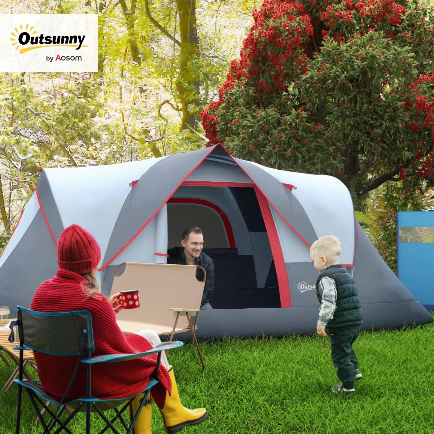 Outsunny camping tent for 5-6 people, sturdy and waterproof. Family tent with entrance, window, and carrying bag. 3000mm water column tunnel tent for camping, travel, and garden. Light grey.