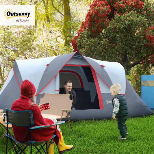 Outsunny camping tent for 5-6 people, sturdy and waterproof. Family tent with entrance, window, and carrying bag. 3000mm water column tunnel tent for camping, travel, and garden. Light grey.