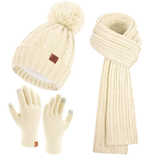 Comfortable charging women's winter warm beanie hat touchscreen gloves long scarf set with fleece lining, thermal winter hat pom pom beanies scarves winter gloves women's gift, apricot