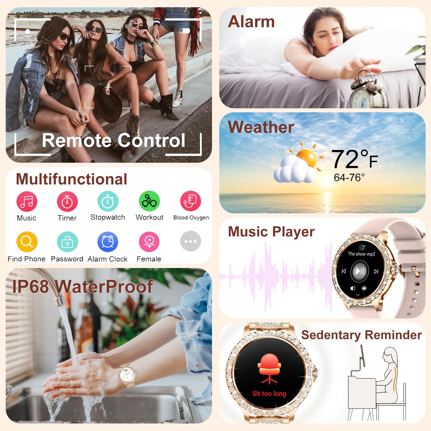 The Fitonyo smartwatch for women with phone function and diamond design features a 1.32" round HD display, call capability, and 120+ sports modes. Compatible with Android and iOS devices.