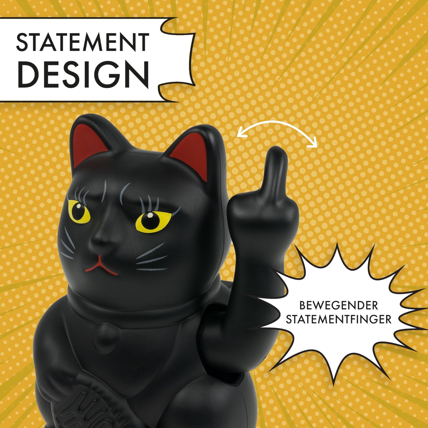ANGRY CAT - Mini Lucky CAT SOLAR Powered Funny waving cat - Japanese waving cat with middle finger - Decorative wobble figure cat - Waving arm with middle finger - 10cm - black