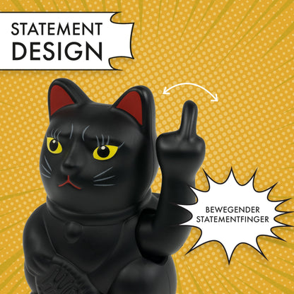 ANGRY CAT - Mini Lucky CAT SOLAR Powered Funny waving cat - Japanese waving cat with middle finger - Decorative wobble figure cat - Waving arm with middle finger - 10cm - black