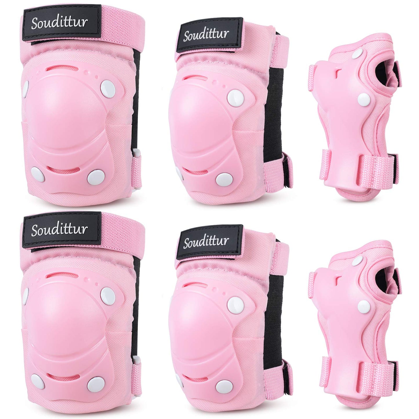 Soudittur Kids Knee Pads Inline Skates Protectors Set 3 IN 1 Children's Knee Elbow Wrist Guards Set for Inline Skates Roller Skates Skateboarding Scooter Riding (Pink, M)