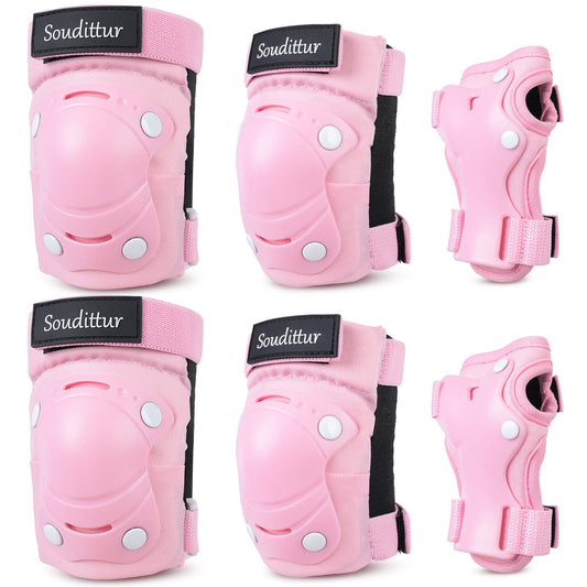 Soudittur Kids Knee Pads Inline Skates Protectors Set 3 IN 1 Children's Knee Elbow Wrist Guards Set for Inline Skates Roller Skates Skateboarding Scooter Riding (Pink, M)